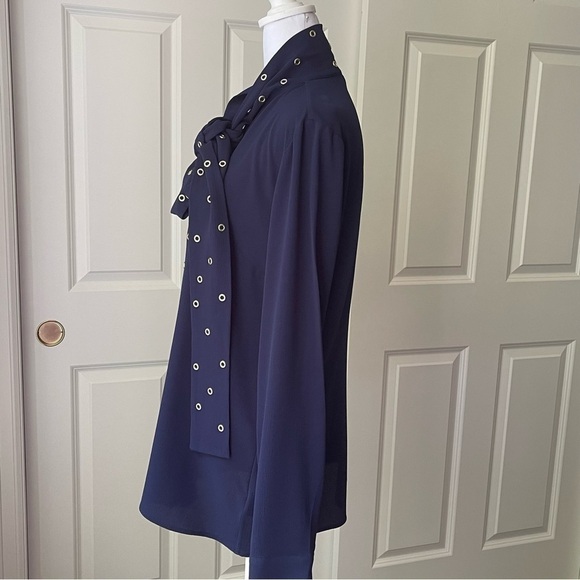 NWOT Michael Kors Navy Blue Tie Neck Blouse - Picture 6 of 13